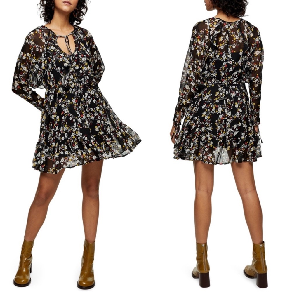 Topshop Black Floral Chiffon Dress